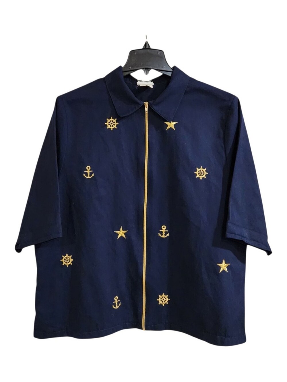 VTG BonWorth Nautical Jacket Shirt Sz XL Half Sleeve Coastal Grandma Embroidered